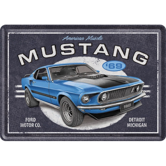 Carte postala metalica Ford Mustang 1969 Mach 1 Blue