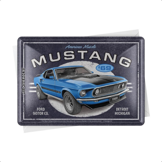 Carte postala metalica Ford Mustang 1969 Mach 1 Blue