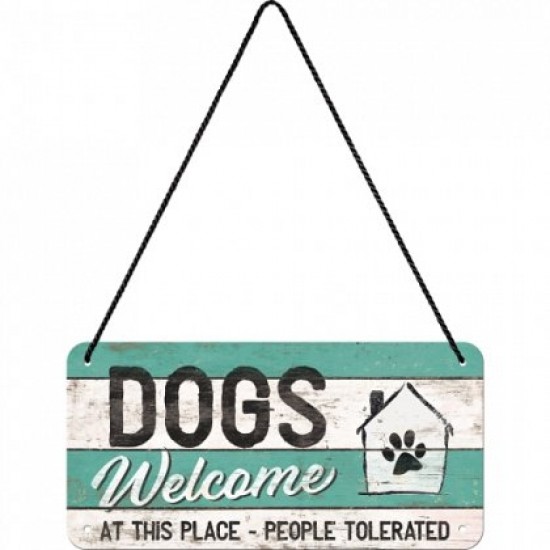 Placa metalica cu snur -Dogs welcome - 10x20 cm