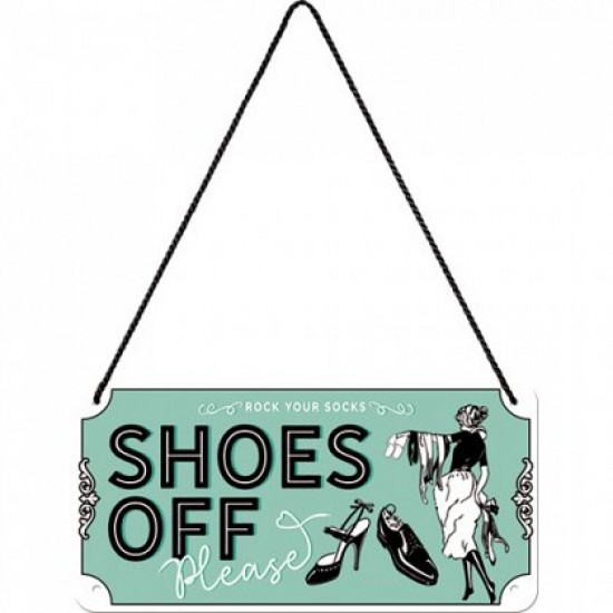 Placa metalica cu snur - Shoes Off - 10x20 cm