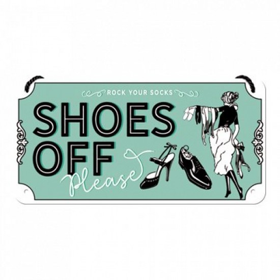 Placa metalica cu snur - Shoes Off - 10x20 cm