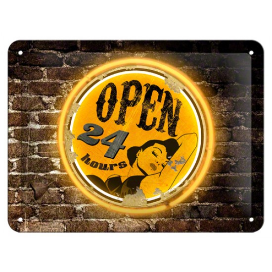 Placa metalica - Open 24 hours - 15x20 cm