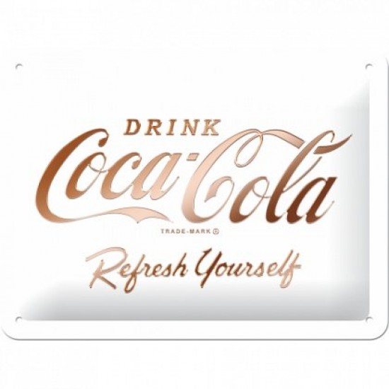 Placa metalica -  Coca-Cola - Logo White Refresh Yourself - 15x20 cm