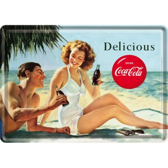 Placa metalica - Coca Cola - Beach Couple - 10x14 cm