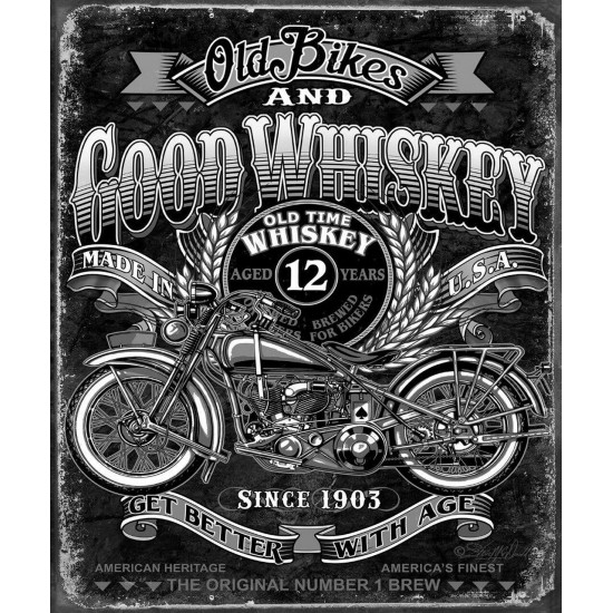 Placa metalica Old Bike and Good Whiskey 30x40 cm