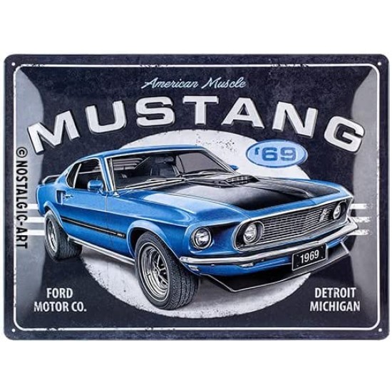 Placa metalica Ford Mustang Blue Retro 30x40cm